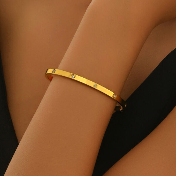 Lxalry 18K Gold Plated Stainless Steel Minimalist Bracelet Hypoallergenic Circle Rhinestone Jewelry  Secure Inlay Tarnish Free Design Skin Safe Luxury Gift For Her Golden Hour Glow, Everyday Wear A - Image 5