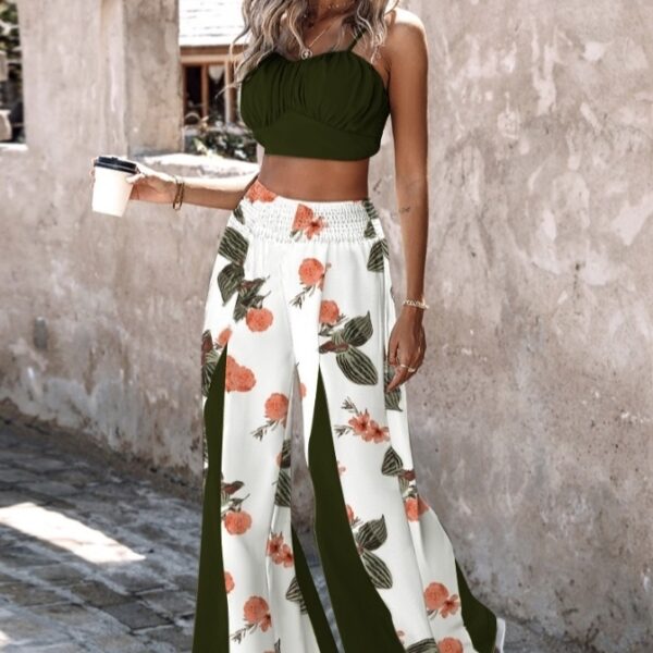 Women's New Solid Color Sexy Top Fashionable Flower Print Contrasting Pants Vacation Two-piece Pants Set - Image 4