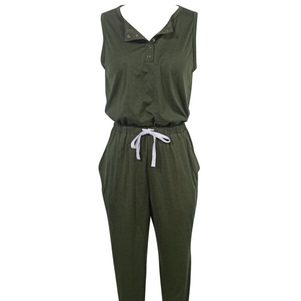 Women's Solid Color Off Shoulder Sleeveless Five Claw Button Top With Pocket Strap Long Pants Two-piece Set - Image 3