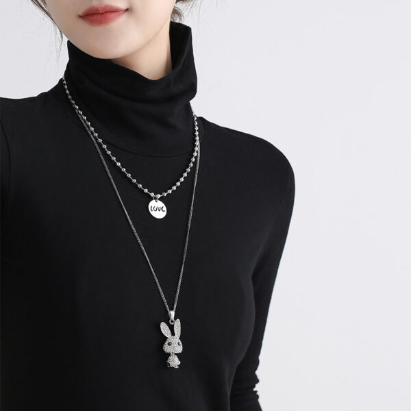 Double Decorative Titanium Steel Necklace Light Luxury Niche Long Diamond Rabbit Pendant Letter Necklace - Image 5