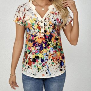 Ladies' Contrasting Color Artistic Casual Style Button V-neck T-shirt Top