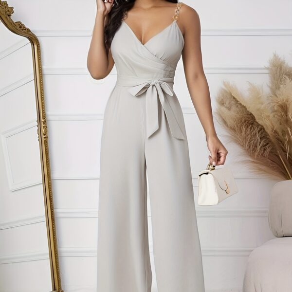 Ladies' Solid Color Elegant Fashion V-neck Strap Buckle Shoulder Strap Design Strap Jumpsuit