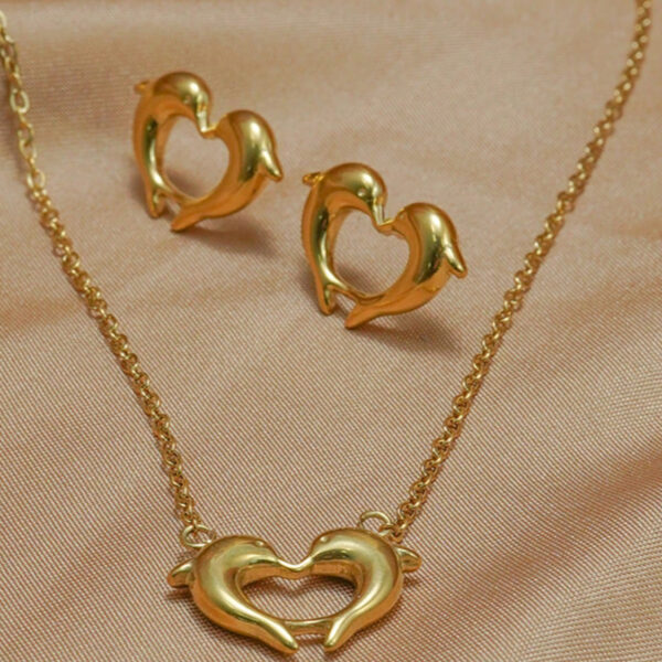 Lxalry 18K Gold Plated Heart Dolphins Mirror Jewelry Set  Hypoallergenic Skin Safe Necklace   Stud Earrings For Couple S Gift Daily Wear  Never Fade Adjustable Luxury With Precision Cast Symmetry - Image 6