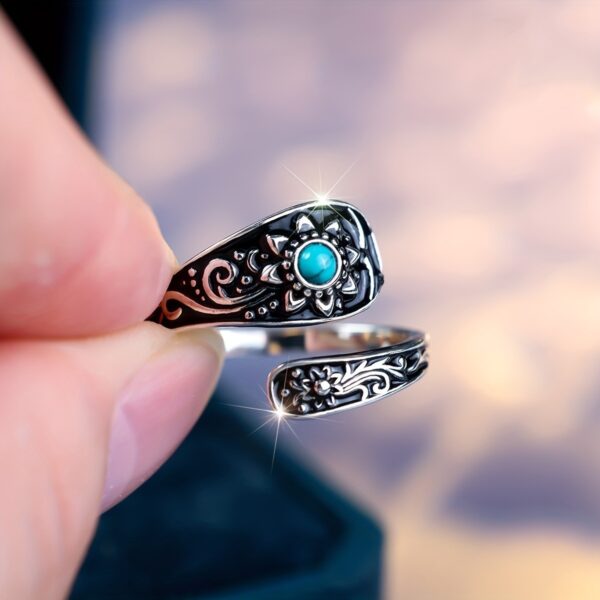 925 Silver Spoon Ring - Exquisitely Carved With Sunflowers, Embellished With Inlaid Turquoise. It Is An Eternal Wedding Jewelry, A Highlight Of Daily Outfits. With Superior Quality And Reusable Featur - Image 4