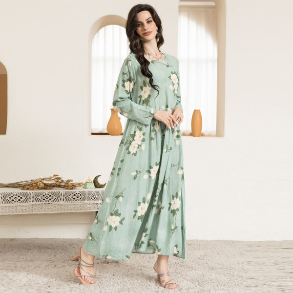 Casual Round Neck Printing Floral Wrinkle Splicing Regular Sleeve Long Dresses - Image 3