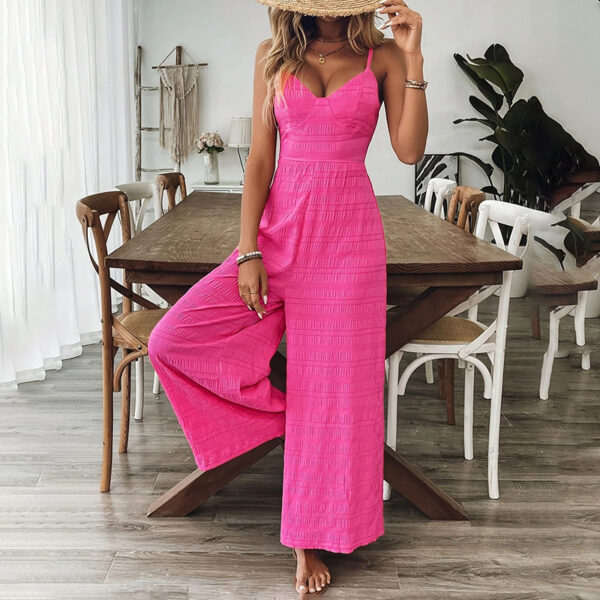Women's Elegant Pink Sleeveless Jumpsuit With Back Bow V-Neck Palazzo Pants, Vintage Style Casual Beachwear For Spring & Summer - Image 7